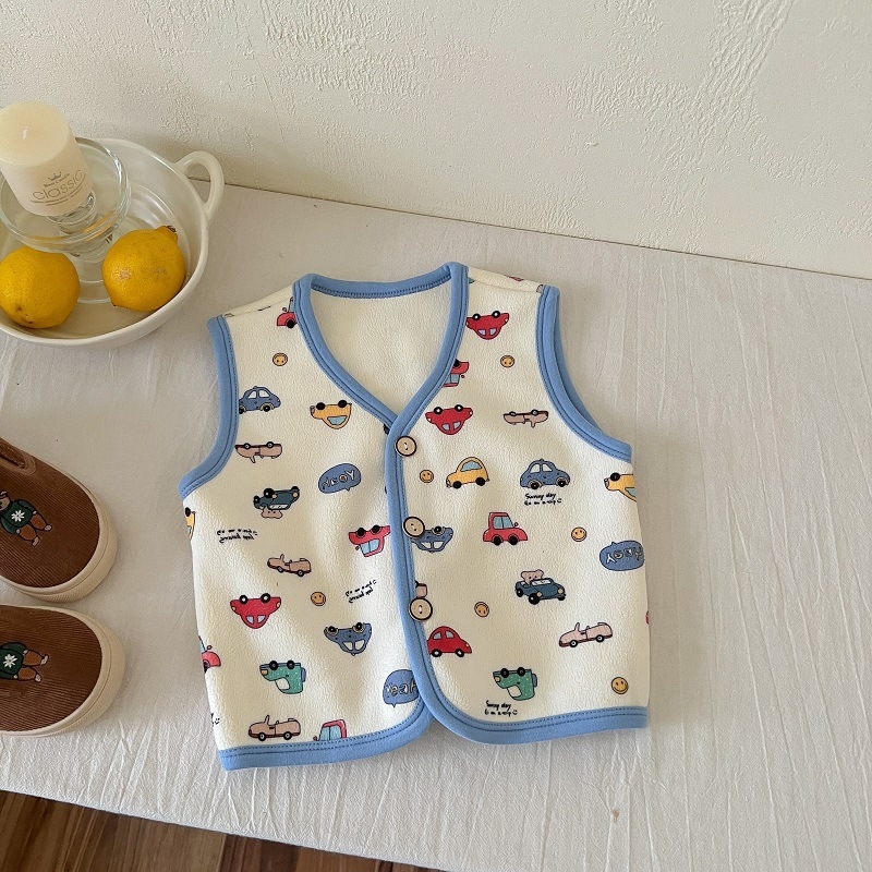 Detská vesta na jeseň/zimu s karikatúrnym motívom, bez rukávov, pre deti 1-3 roky, hlavná tkanina 95% polyester, výplň poliester