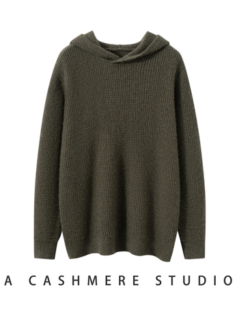 Pánsky kapucňový sveter z kašmíru, hrubé pletenie, voľný strih, dlhé rukávy, jednofarebný, 30-35% kašmír, 65% vlna