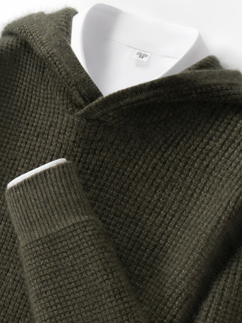 Pánsky kapucňový sveter z kašmíru, hrubé pletenie, voľný strih, dlhé rukávy, jednofarebný, 30-35% kašmír, 65% vlna