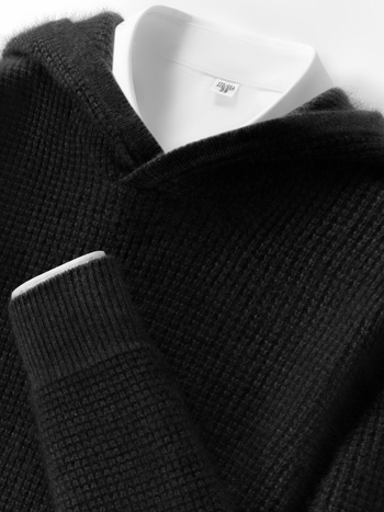 Pánsky kapucňový sveter z kašmíru, hrubé pletenie, voľný strih, dlhé rukávy, jednofarebný, 30-35% kašmír, 65% vlna