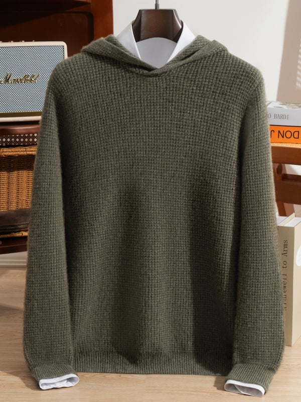 Pánsky kapucňový sveter z kašmíru, hrubé pletenie, voľný strih, dlhé rukávy, jednofarebný, 30-35% kašmír, 65% vlna