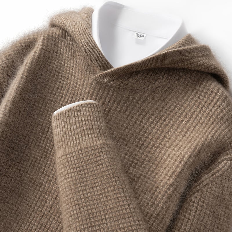 Pánsky kapucňový sveter z kašmíru, hrubé pletenie, voľný strih, dlhé rukávy, jednofarebný, 30-35% kašmír, 65% vlna