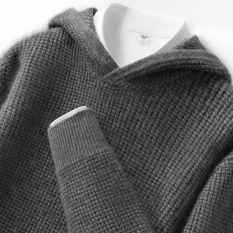 Pánsky kapucňový sveter z kašmíru, hrubé pletenie, voľný strih, dlhé rukávy, jednofarebný, 30-35% kašmír, 65% vlna