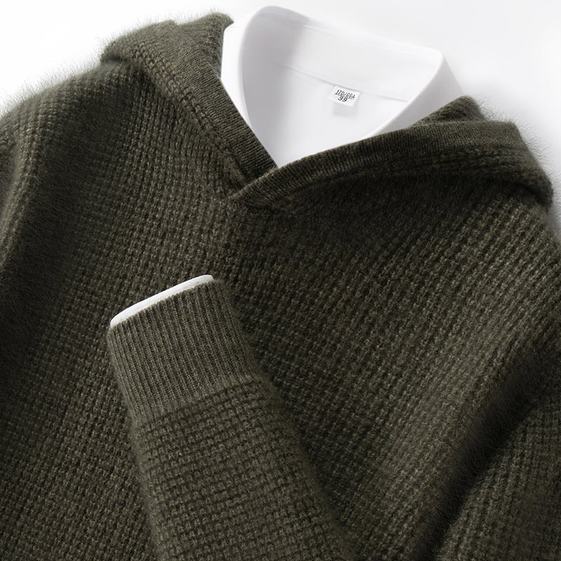 Pánsky kapucňový sveter z kašmíru, hrubé pletenie, voľný strih, dlhé rukávy, jednofarebný, 30-35% kašmír, 65% vlna