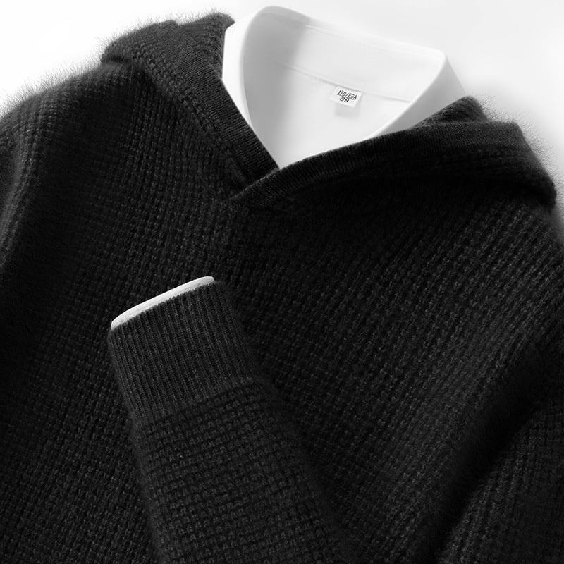 Pánsky kapucňový sveter z kašmíru, hrubé pletenie, voľný strih, dlhé rukávy, jednofarebný, 30-35% kašmír, 65% vlna