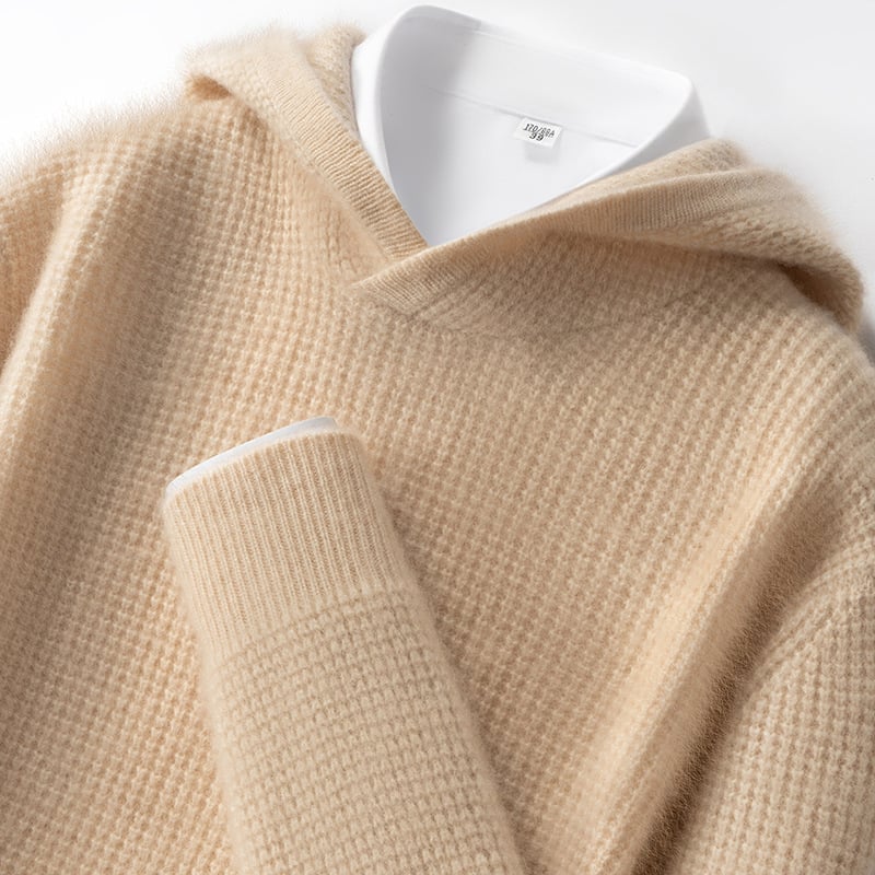 Pánsky kapucňový sveter z kašmíru, hrubé pletenie, voľný strih, dlhé rukávy, jednofarebný, 30-35% kašmír, 65% vlna