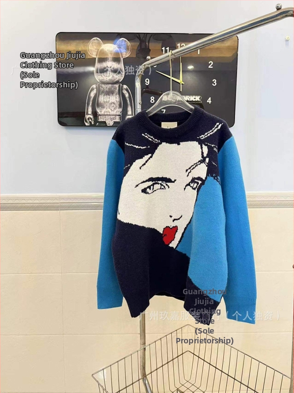 Jacquardový sveter z 100% vlny, okrúhly výstrih, dlhé rukávy, voľný strih, pohodlný materiál