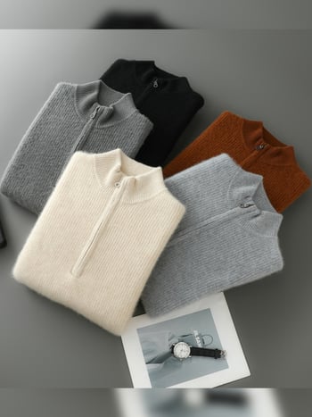 Pánsky kašmírový sveter so stojacim golierom, voľný strih, dlhé rukávy, 30–35% kašmír