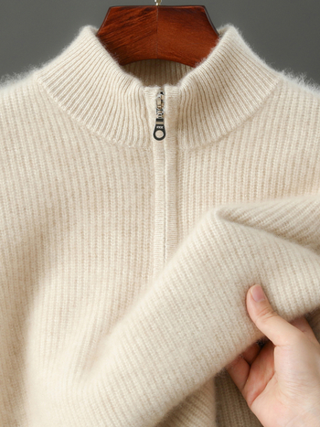 Pánsky kašmírový sveter so stojacim golierom, voľný strih, dlhé rukávy, 30–35% kašmír