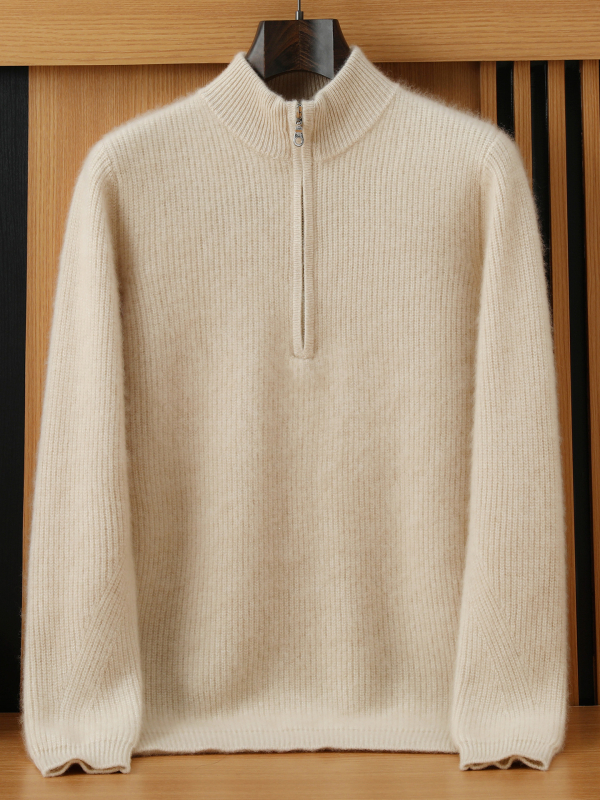 Pánsky kašmírový sveter so stojacim golierom, voľný strih, dlhé rukávy, 30–35% kašmír