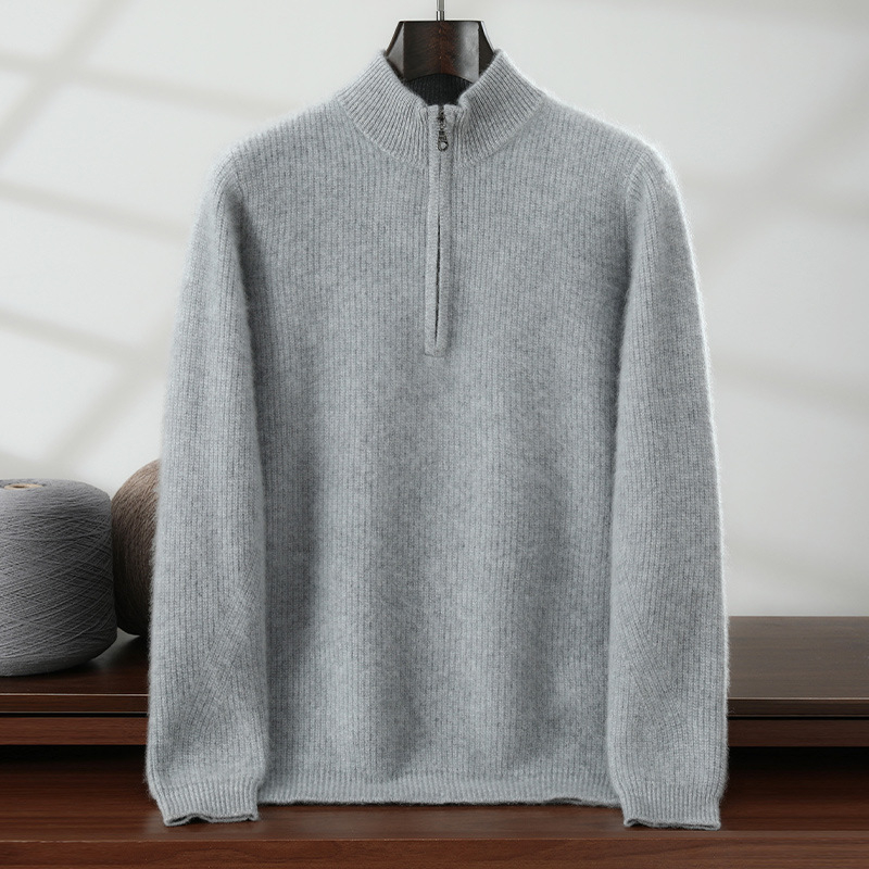 Pánsky kašmírový sveter so stojacim golierom, voľný strih, dlhé rukávy, 30–35% kašmír