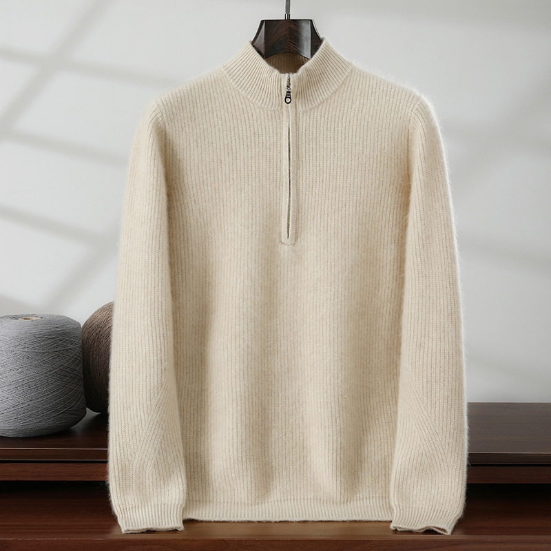 Pánsky kašmírový sveter so stojacim golierom, voľný strih, dlhé rukávy, 30–35% kašmír