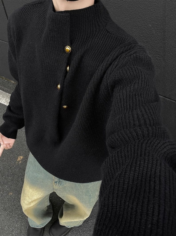 Oversize pleteni pulover s nepravovitim dizajnom gumba i visokim ovratnikom – korejski stil, mješavina vlakana poliestera