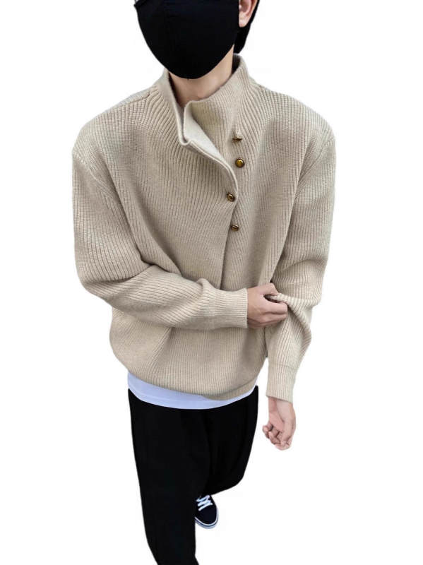 Oversize pleteni pulover s nepravovitim dizajnom gumba i visokim ovratnikom – korejski stil, mješavina vlakana poliestera