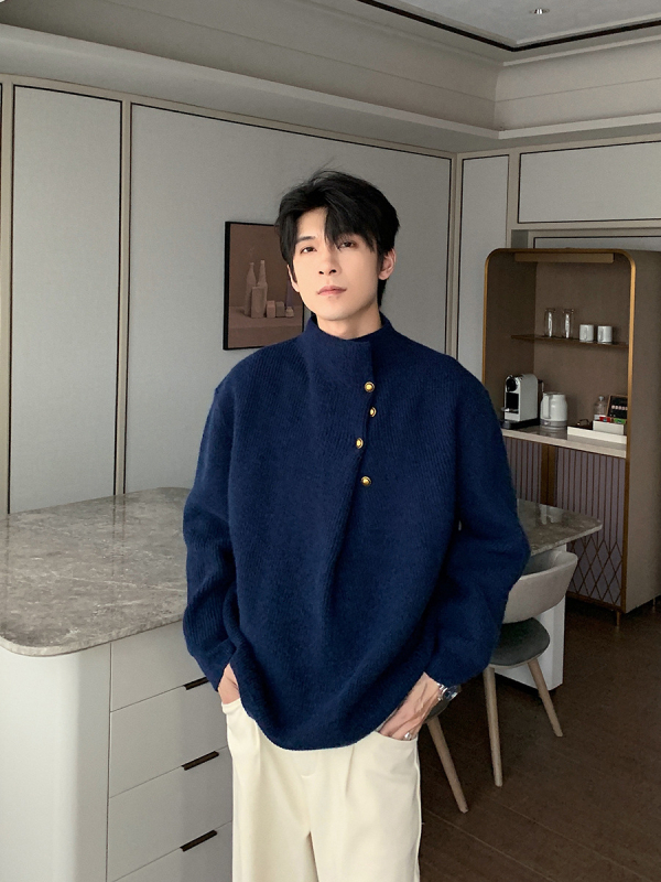 Oversize pleteni pulover s nepravovitim dizajnom gumba i visokim ovratnikom – korejski stil, mješavina vlakana poliestera