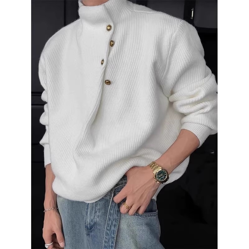 Oversize pleteni pulover s nepravovitim dizajnom gumba i visokim ovratnikom – korejski stil, mješavina vlakana poliestera