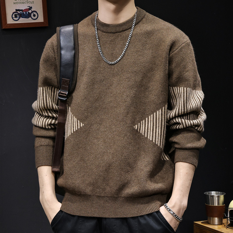 Pulover tricotat cu dungi, croi lejer, guler rotund, maneci lungi, amestec poliester