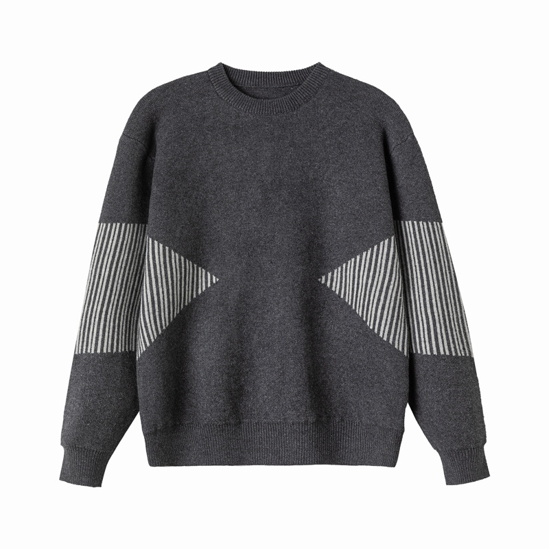 Pulover tricotat cu dungi, croi lejer, guler rotund, maneci lungi, amestec poliester