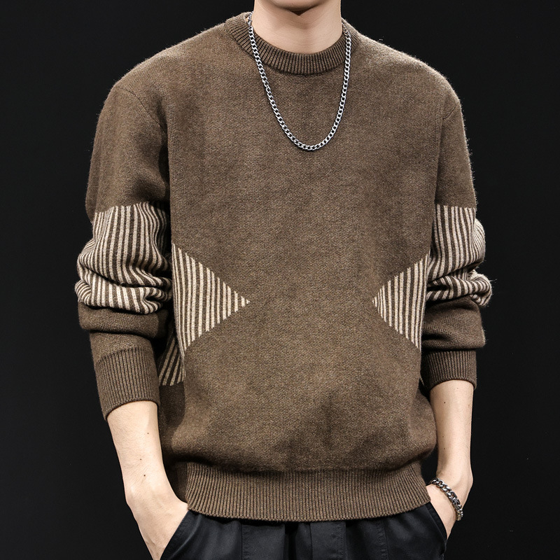 Pulover tricotat cu dungi, croi lejer, guler rotund, maneci lungi, amestec poliester