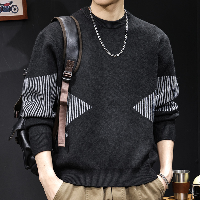 Pulover tricotat cu dungi, croi lejer, guler rotund, maneci lungi, amestec poliester