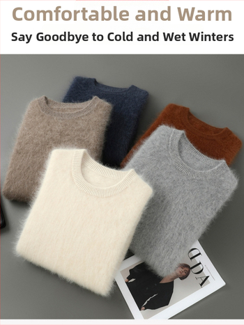 Pánske svetrový pulóver z 100% vlny, okrúhly výstrih, hrubý úplet, voľný strih, dlhý rukáv