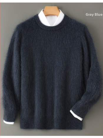 Pánske svetrový pulóver z 100% vlny, okrúhly výstrih, hrubý úplet, voľný strih, dlhý rukáv