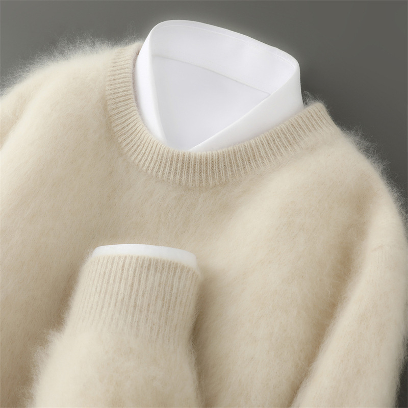 Pánske svetrový pulóver z 100% vlny, okrúhly výstrih, hrubý úplet, voľný strih, dlhý rukáv