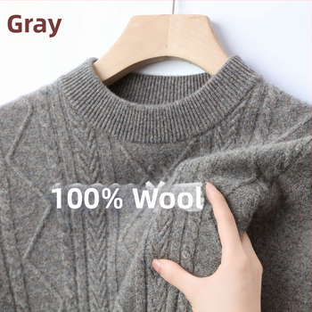 Hrubý sveter z 100% vlny, okrúhly výstrih, priliehavý strih, žakardové pletenie