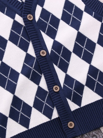 Детска жилетка в училищен стил, унисекс, плетена, V-образно деколте, с едно копче, памук 67,4%