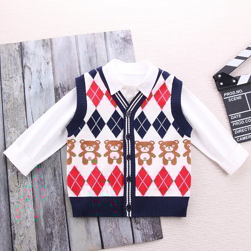 Детска жилетка в училищен стил, унисекс, плетена, V-образно деколте, с едно копче, памук 67,4%