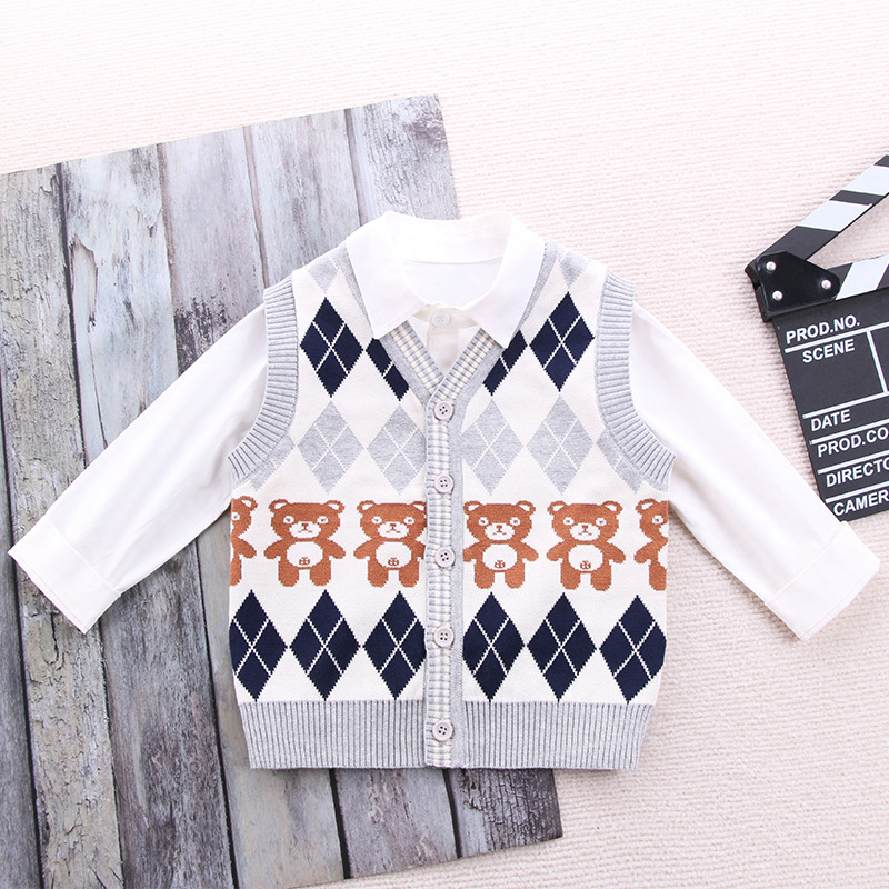 Детска жилетка в училищен стил, унисекс, плетена, V-образно деколте, с едно копче, памук 67,4%