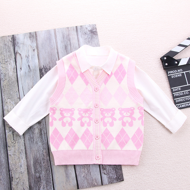 Детска жилетка в училищен стил, унисекс, плетена, V-образно деколте, с едно копче, памук 67,4%