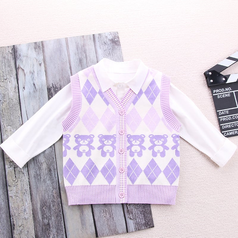 Детска жилетка в училищен стил, унисекс, плетена, V-образно деколте, с едно копче, памук 67,4%