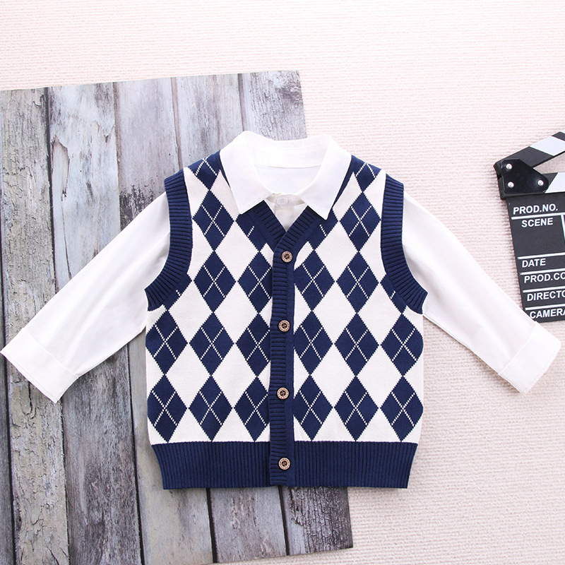 Детска жилетка в училищен стил, унисекс, плетена, V-образно деколте, с едно копче, памук 67,4%