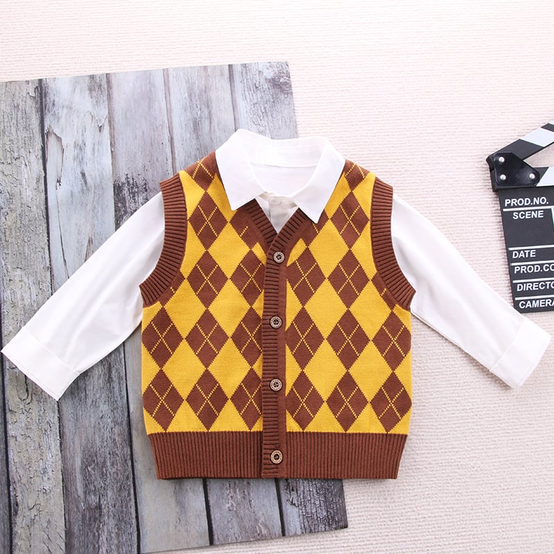 Детска жилетка в училищен стил, унисекс, плетена, V-образно деколте, с едно копче, памук 67,4%