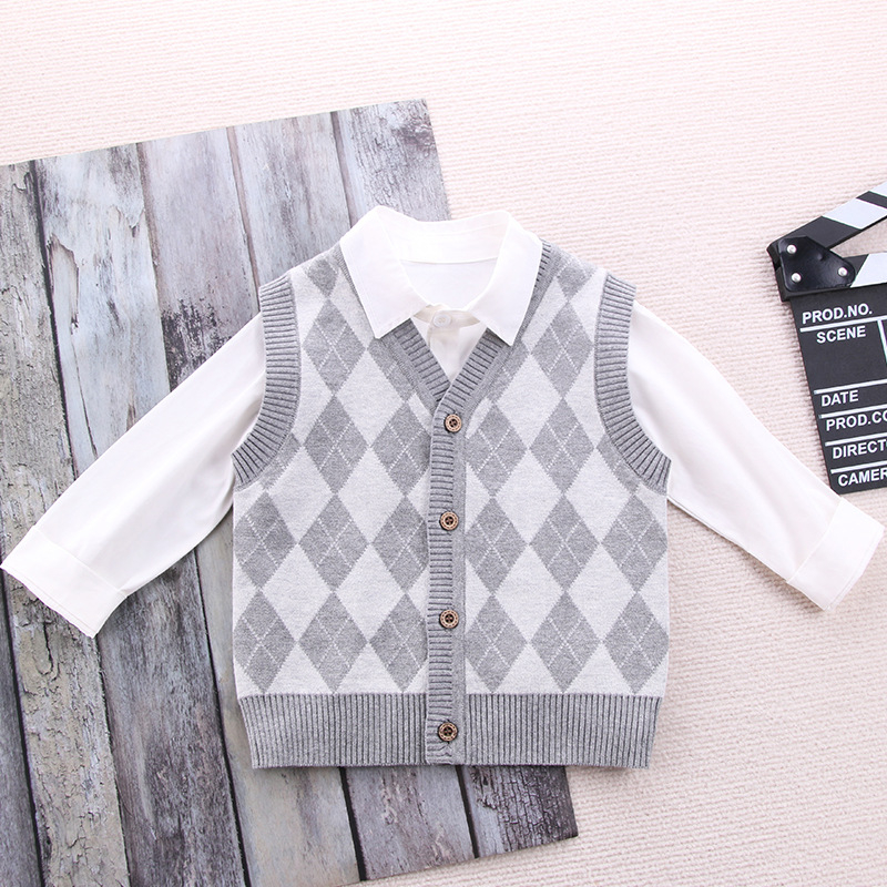 Детска жилетка в училищен стил, унисекс, плетена, V-образно деколте, с едно копче, памук 67,4%