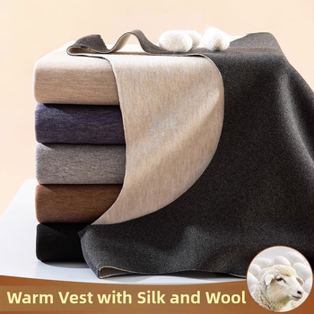 Топъл жилет от вълна и коприна, безшевен, двойнослоен, кръгло деколте, дебелина 201-250 г/м²
