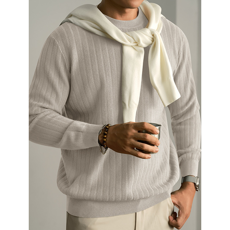Muški pleteni džemper od vunene mješavine s okruglim izrezom, debeli, slim fit, žakard uzorak