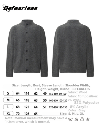 Svetrový kardigán z vlnenej zmesi, korejský štýl, voľný strih, kruhový výstrih, dlhé rukávy, 36–40% vlna + polyester.