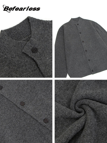 Svetrový kardigán z vlnenej zmesi, korejský štýl, voľný strih, kruhový výstrih, dlhé rukávy, 36–40% vlna + polyester.