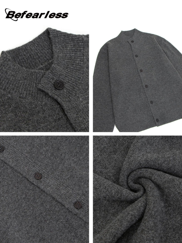 Svetrový kardigán z vlnenej zmesi, korejský štýl, voľný strih, kruhový výstrih, dlhé rukávy, 36–40% vlna + polyester.