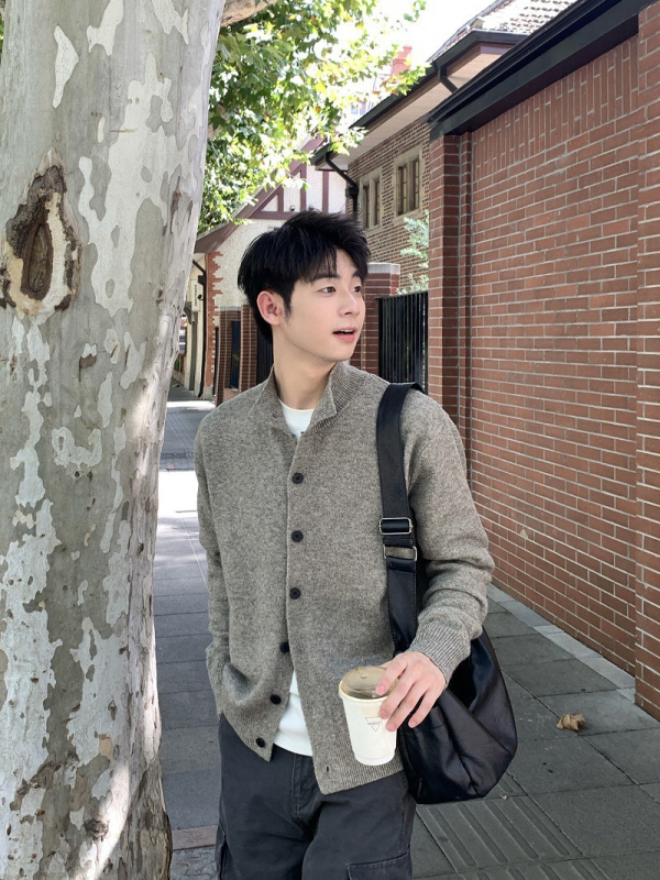 Κορεατικού στυλ γιλέκο- cardigan με κουμπιά, μισουψηλός γιακάς, παχύ πλεκτό, 100% πολυεστέρα, ύφασμα Hundred Flower Velvet, άνετη γραμμή, Χειμώνας 2025