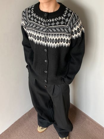 Muški cardigan s uzorkom Fair Isle, okrugli izrez, dugi rukavi, opušten kroj, smjesa poliestra