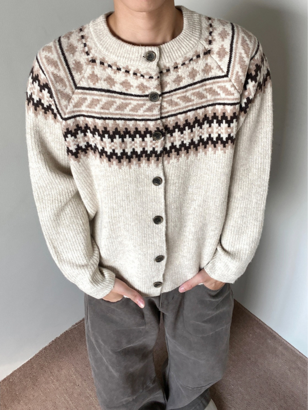 Muški cardigan s uzorkom Fair Isle, okrugli izrez, dugi rukavi, opušten kroj, smjesa poliestra