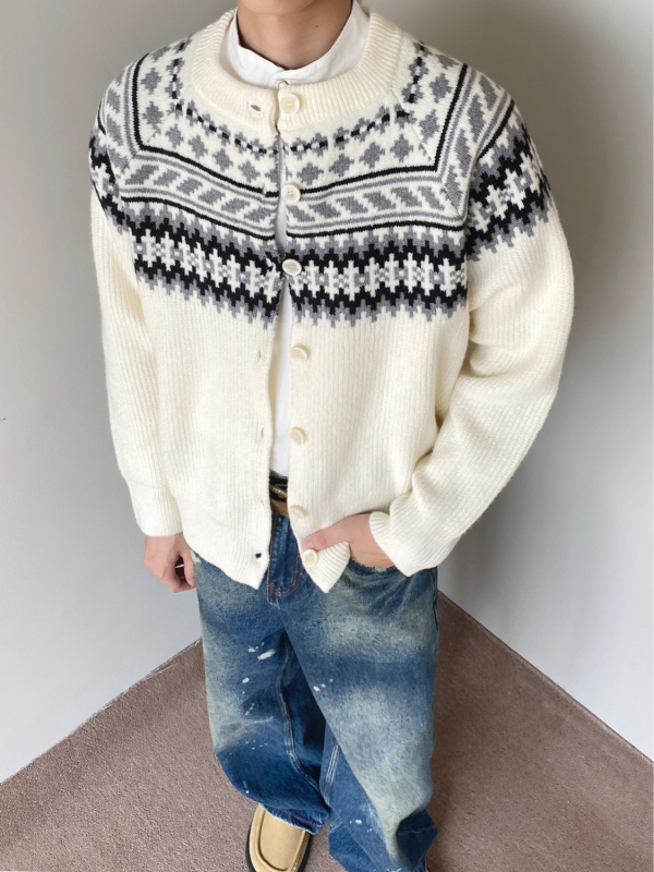 Muški cardigan s uzorkom Fair Isle, okrugli izrez, dugi rukavi, opušten kroj, smjesa poliestra