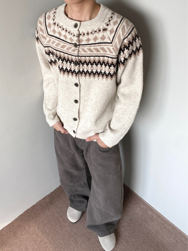 Muški cardigan s uzorkom Fair Isle, okrugli izrez, dugi rukavi, opušten kroj, smjesa poliestra