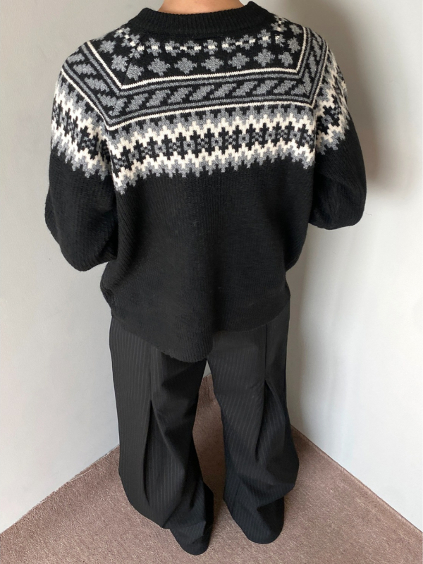 Muški cardigan s uzorkom Fair Isle, okrugli izrez, dugi rukavi, opušten kroj, smjesa poliestra