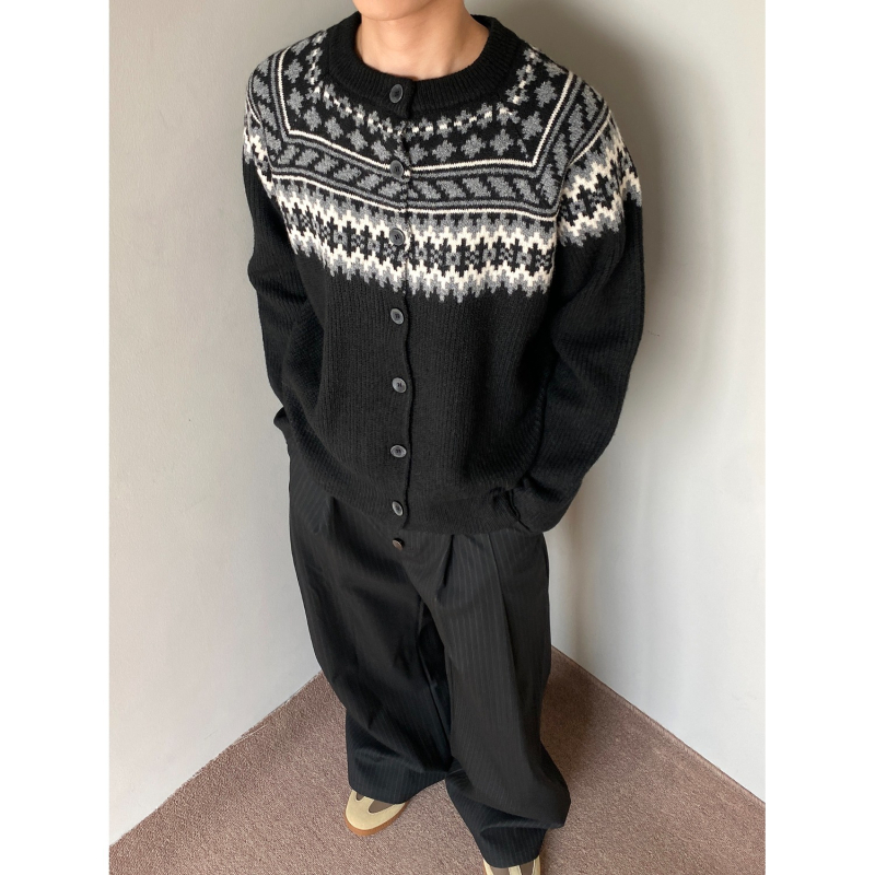 Muški cardigan s uzorkom Fair Isle, okrugli izrez, dugi rukavi, opušten kroj, smjesa poliestra