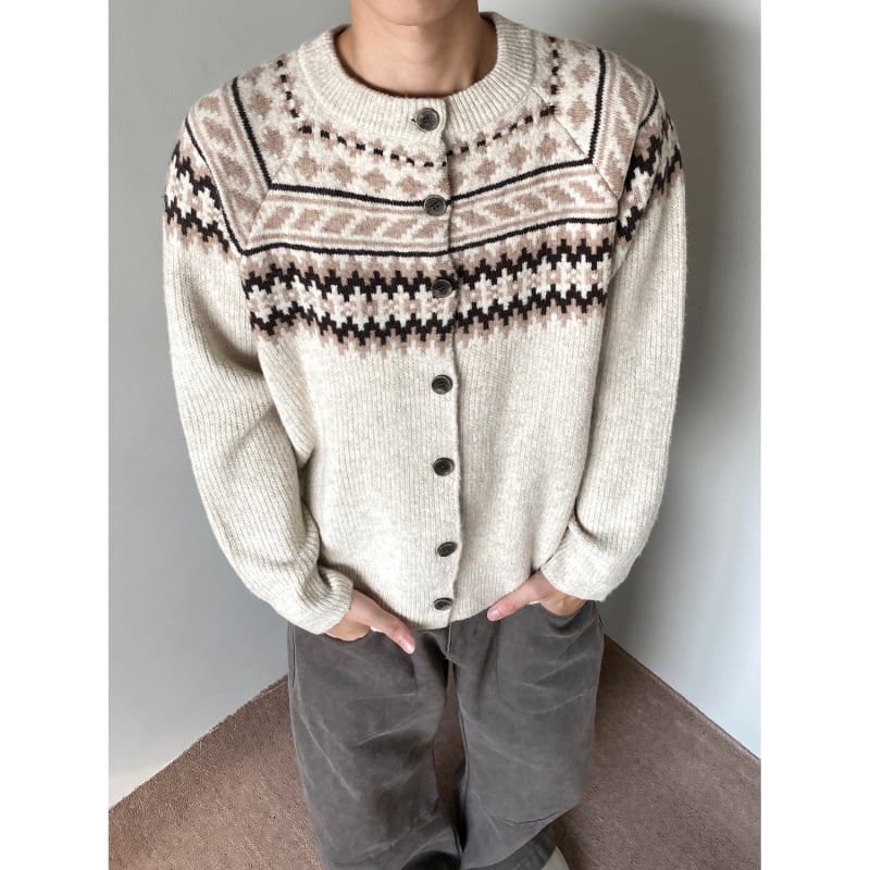 Muški cardigan s uzorkom Fair Isle, okrugli izrez, dugi rukavi, opušten kroj, smjesa poliestra