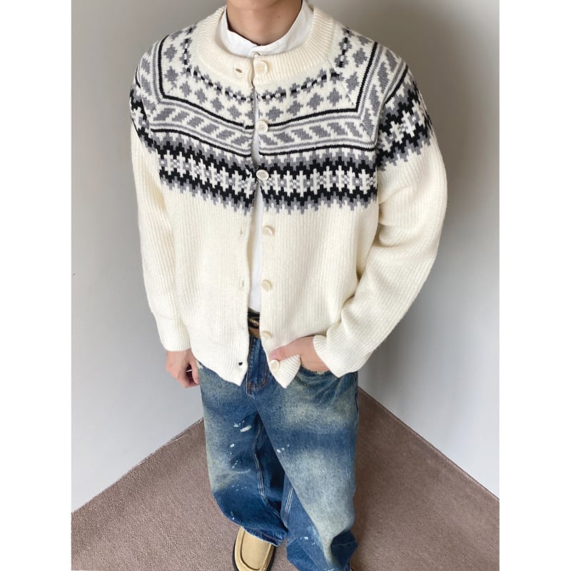 Muški cardigan s uzorkom Fair Isle, okrugli izrez, dugi rukavi, opušten kroj, smjesa poliestra